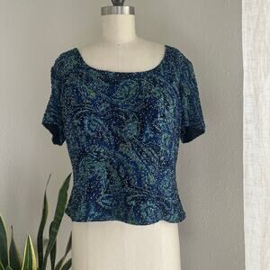 Cecily Brown Women’s Xl Blouse Blue Navy SILK  Sequin Top Vintage Glam